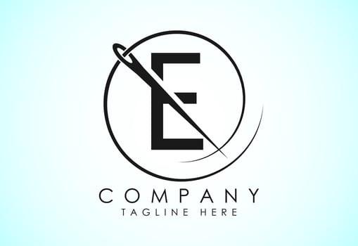 English alphabet E with sewing needle and thread Icon. Tailoring logo design concept. vector