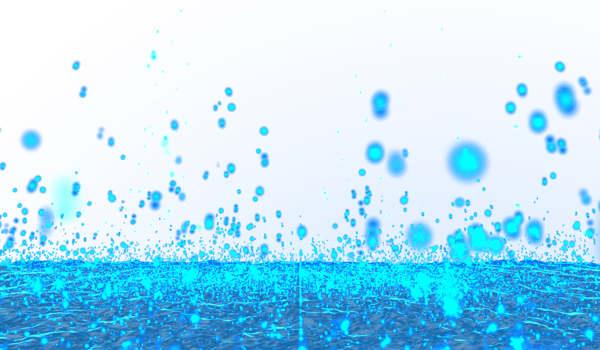 Digital technology abstract 3d blue light particles raining hits water waves png