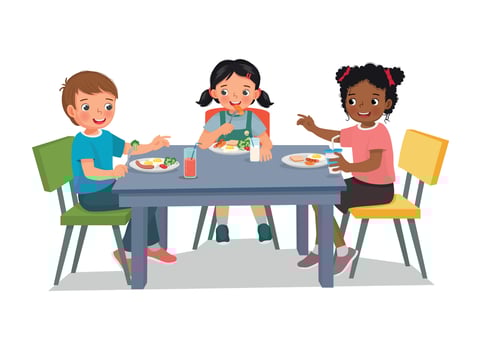 Group of kids having lunch together at school canteen vector