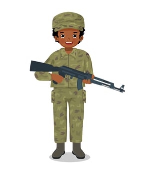 Cute little African boy wear camouflage soldier combat uniform holding rifle gun vector