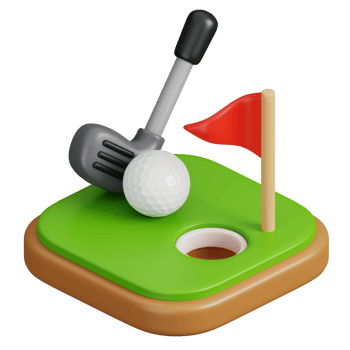 Golf club stick and ball on green golf isolated. Sports, fitness and game symbol icon. 3d Render illustration. png