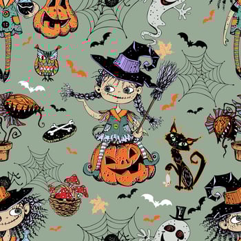 Seamless pattern on Halloween theme with little girls witches pumpkins and various horror elements. Vector
