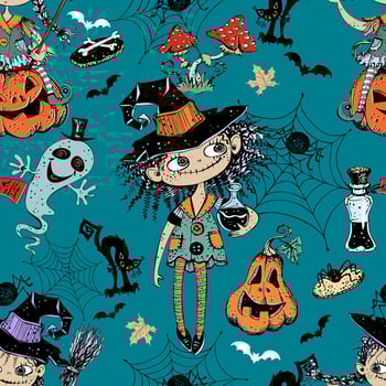 Seamless pattern on Halloween theme with little girls witches pumpkins and various horror elements. Vector