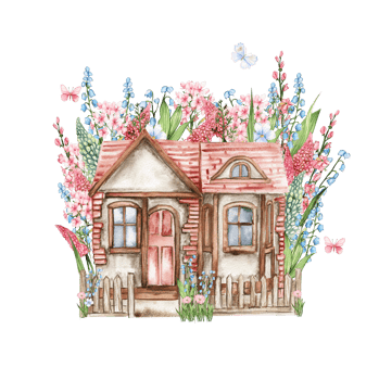 Watercolor composition of an old wooden farm house and flowers . png