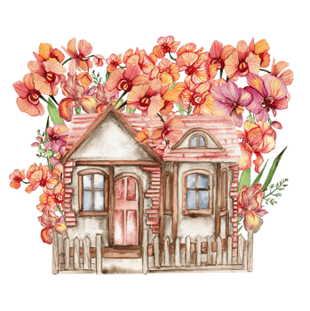 Watercolor composition of an old wooden farm house and flowers . png