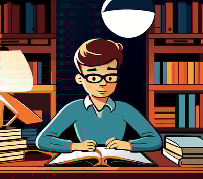 Little boy doing homework by read and writing on his desk. Vector illustration