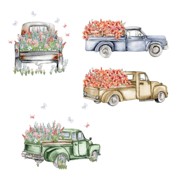Watercolor composition with flowers and farm car. png