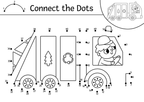 Vector dot-to-dot and color activity with cute garbage truck. Ecological connect the dots game for children. Eco awareness coloring page for kids. Printable worksheet with numbers
