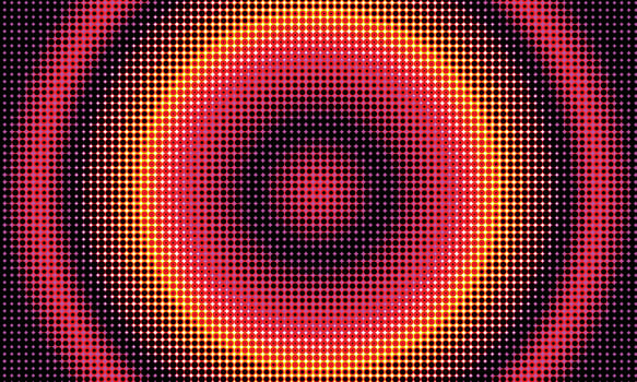 Rounded halftone gradient background template copy space. Radial dot colour gradation backdrop design for poster, banner, landing page, presentation page, brochure, or magazine cover. vector