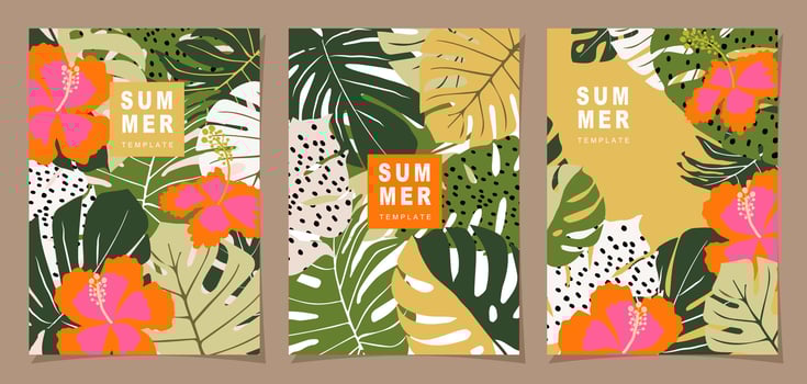 Tropical template set for poster, card, cover, label, banner in modern minimalist style and simple summer design templates with tropical leaves, flower, and plants. vector