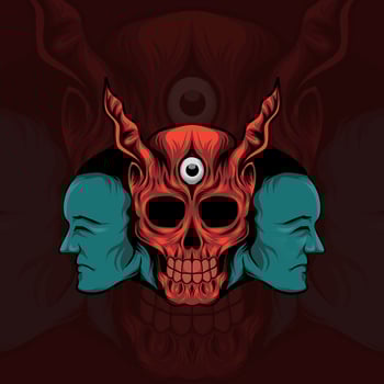 illustration of a skull with horns and two faces on each side vector