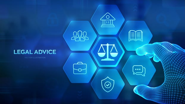 Labor law, Lawyer, Attorney at law, Legal advice concept. Internet law services and cyberlaw. Wireframe hand places an element into a composition visualizing online lawyer advice. Vector illustration.