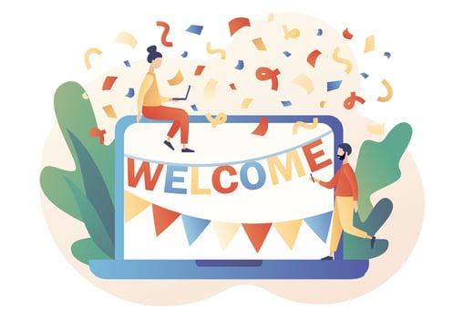 Welcome concept. Friendly team happy to new team member. Online event, celebrate, meeting, greeting. Modern flat cartoon style. Vector illustration on white background