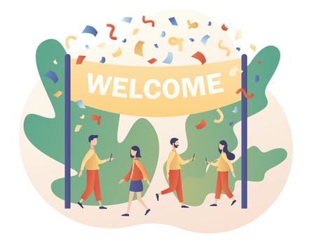 Welcome concept. Friendly team happy to new team member. Event, celebrate, meeting, greeting. Modern flat cartoon style. Vector illustration on white background