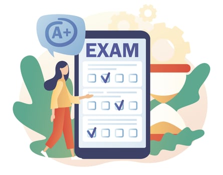 Online exam. Education, studying, Digital elearnning, degree, graduate concept. Tiny girl with test exam result on smartphone. Modern flat cartoon style. Vector illustration on white background