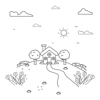 a house on a hill with trees and flowers vector
