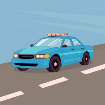 Police car on the road flat vector cartoon illustration