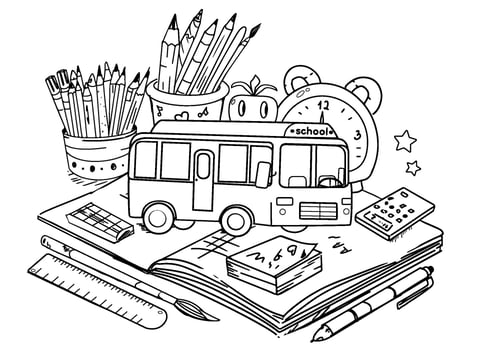 back to school, school stationery, toy bus,coloring page vector