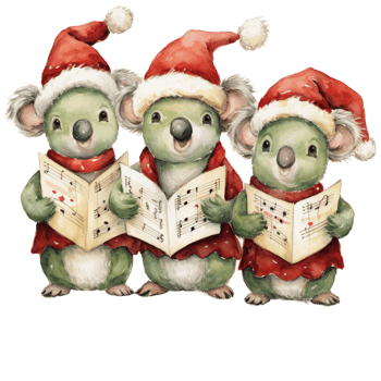 Three Cute koala  wearing Christmas Santa Claus dress performing Christmas event, watercolor illustration isolated AI generated png