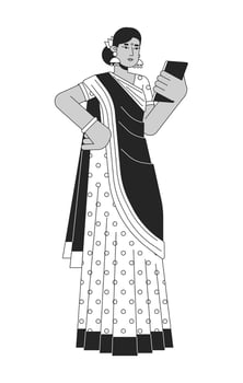 Indian woman in sari using gadget flat line black white vector character. Editable outline full body person. Online buying ticket simple cartoon isolated spot illustration for web graphic design
