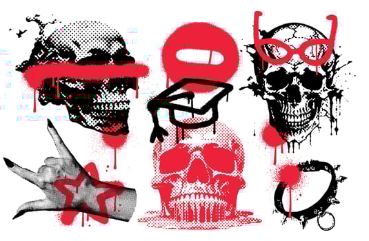 Urban Street Art underground elements - graffiti overspray, star, distorted skulls, for t-shirt, merch, apparel, streetwear. 90s brutal Underground, hip-hop, gangsta acid elements. Vector