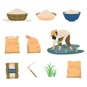 Rice Production Flat Icon Set vector