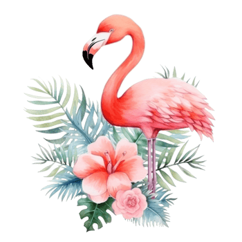 Cute watercolor flamingo with tropical flowers isolated png