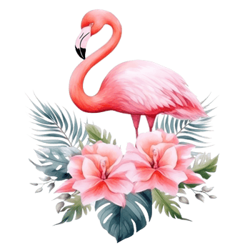 Cute watercolor flamingo with tropical flowers isolated png