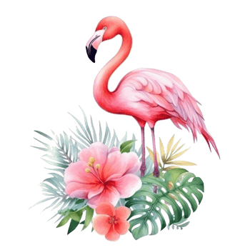 Cute watercolor flamingo with tropical flowers isolated png