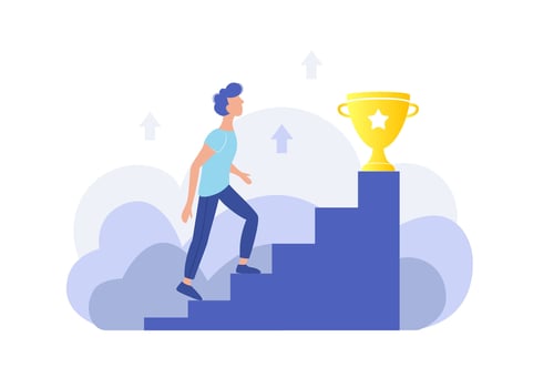 Personal effectiveness, career, success concept. The guy climbs the stairs to the gold cup. Trendy flat design. Vector illustration.