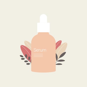 Serum with plant leaves. Skin care and cosmetics design. Trendy flat style. Vector illustration.