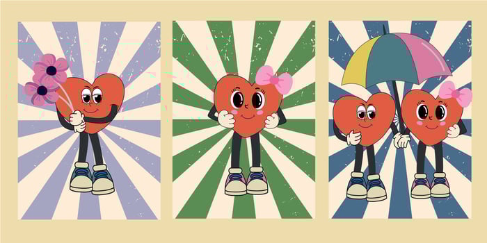 Groovy lovely hearts posters. Love concept. Happy Valentines day greeting card. Funky background in trendy retro 60s 70s cartoon style. Vector illustration in pink red colors
