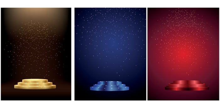 Set celebration design with golden podium on a black, blue, red background.Anniversary. Happy birthday greeting card. Vector. vector