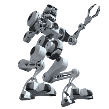 View from below of white android with 3 glasses on his head and pincers in his hands. 3D Illustration png