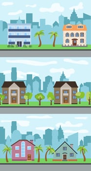 Set of three vector illustrations of city street with cartoon houses and trees. Summer urban landscape. Street view with cityscape on a background