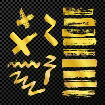 Gold grunge brush strokes. Big set of painted brush ink wave lines, stripes and crosses. Ink spot isolated on dark vector