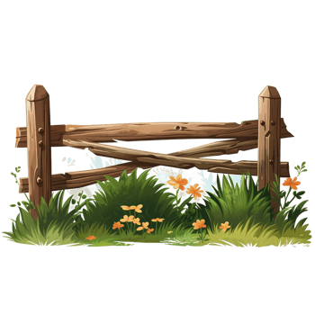 wooden fence with flowers and green tall grass isolated AI generated png