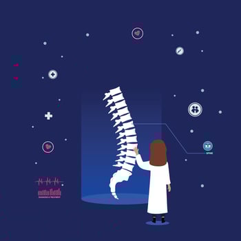 Futuristic medical technology. physiotherapist examining a spine model. vector