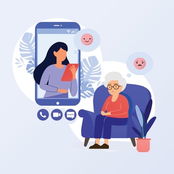 Online Psycholotherapy concept. Sad elderly woman talking with psychologist on the chair. Vector flat style illustration