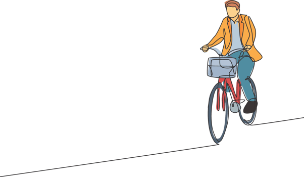 One single line drawing of young happy professional startup employee man ride bicycle to the coworking space illustration. Healthy commuter lifestyle concept. Modern continuous line draw design png