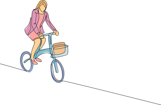 One continuous line drawing of young professional manager woman cycling ride folded bicycle to her office. Healthy working urban lifestyle concept. Dynamic single line draw design illustration png