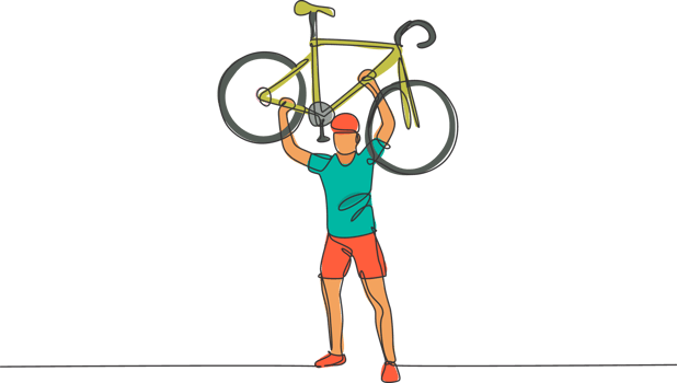 One continuous line drawing young sporty man bicycle racer lift up his light bicycle. Road cyclist concept. Dynamic single line draw design graphic illustration for cycling competition poster png