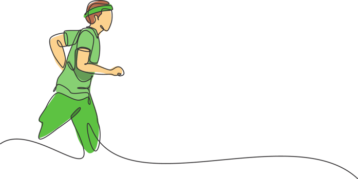 One continuous line drawing of young sporty runner man relax running at countryside. Healthy lifestyle and fun jogging sport concept. Dynamic single line draw design graphic illustration png