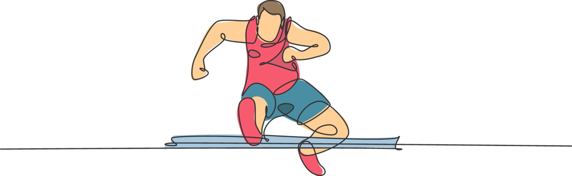 Single continuous line drawing of young happy health runner man jump running pass hurdle at run track. Fun sport jogging and healthy lifestyle concept. Trendy one line draw design illustration png