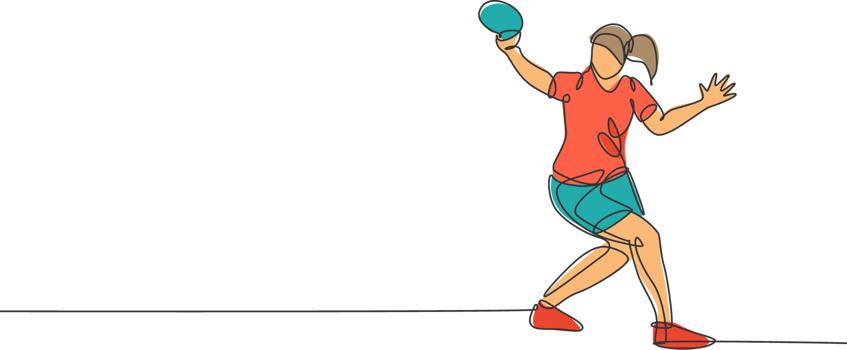 One continuous line drawing of young sporty woman table tennis player hit the ball. Competitive sport concept. Single line draw design graphic illustration for ping pong championship poster png