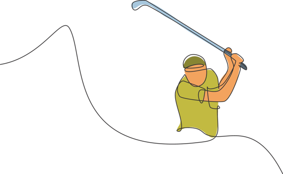 Single continuous line drawing of young happy golf player swing the golf club to hit the ball. Hobby sport concept. Trendy one line draw design illustration for golf tournament promotion media png