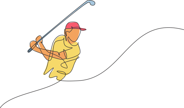 One continuous line drawing of young golf player swing golf club and hit the ball. Leisure sport concept. Dynamic single line draw design illustration graphic for tournament promotion media png