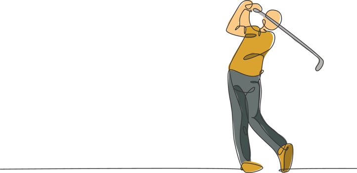 One single line drawing of young sporty golf player hit the ball using golf club illustration graphic. Healthy sport concept. Modern continuous line draw design for golf tournament poster png
