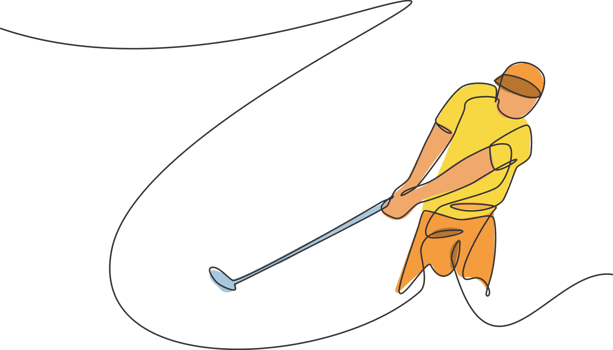 One continuous line drawing of young golf player swing golf club and hit the ball. Leisure sport concept. Dynamic single line draw design illustration graphic for tournament promotion media png