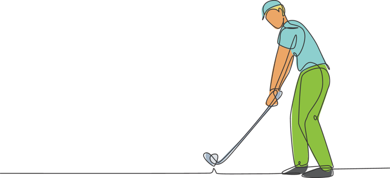 Single continuous line drawing of young happy golf player swing the golf club to hit the ball. Hobby sport concept. Trendy one line draw design illustration for golf tournament promotion media png